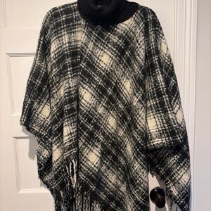 Lauren by Ralph Lauren Plaid Turtleneck Poncho Sweater - Black and White